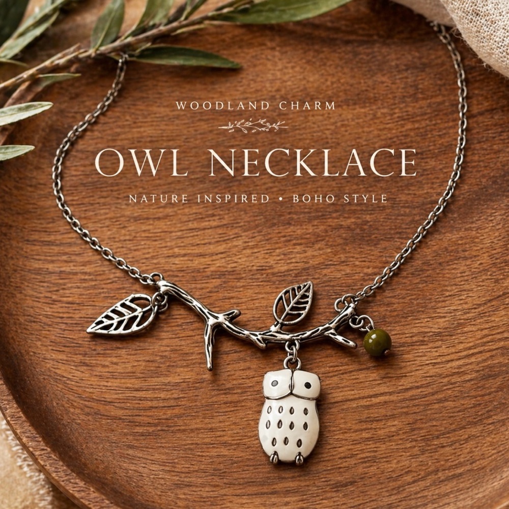Vintage Owl Pendant Necklace Branch Leaves Woodland Boho Metal